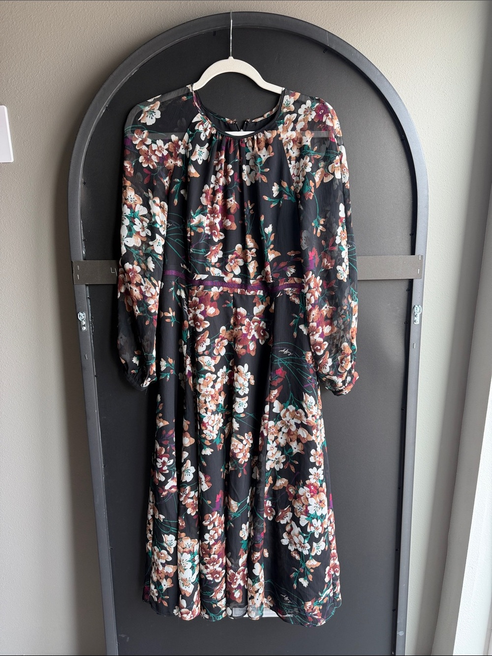 Tommy Hilfiger Black Floral Long Sleeve Midi Dress with Teal Accents